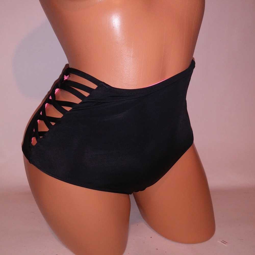 Victoria Secret PINK Swim Bottom Medium High Waist Bikini Solid Black Strappy